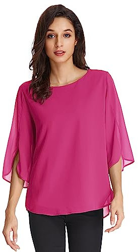 GRACE KARIN Blouse en Mousseline de Soie pour Femmes à Manches Longues et Col Rond Coupe Ample Décontractéee Hauts élégants M Rose-Rouge