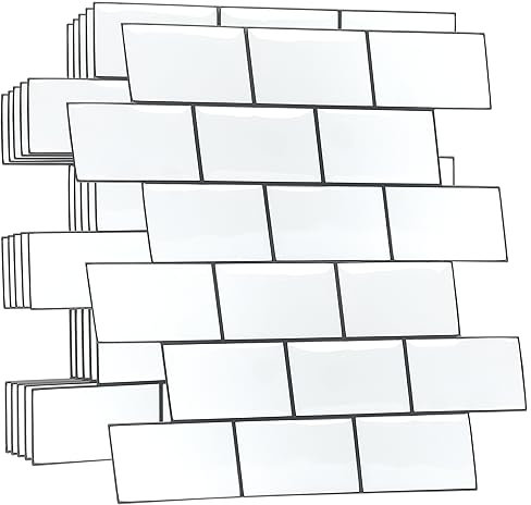 WALPLUS 3D Tile Stickers Peel and Stick Backsplash Splashback Decals Tile Transfer for Kitchen Bathroom Living Room Stick on Tile Waterproof Pure White Grey 20pcs 15.4x30.5cm WT3D1803