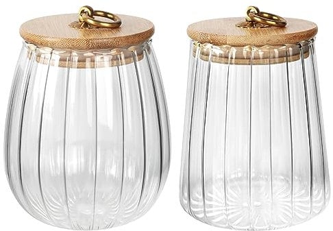 Yiter Glass Storage Jars, Vintage Tea Coffee Sugar Canisters with Bamboo Lids for Flour, Pasta, Nuts, Airtight Storage Jar for Kitchen, Pantry, 2 Packs 700 ml(Conical+Oval)