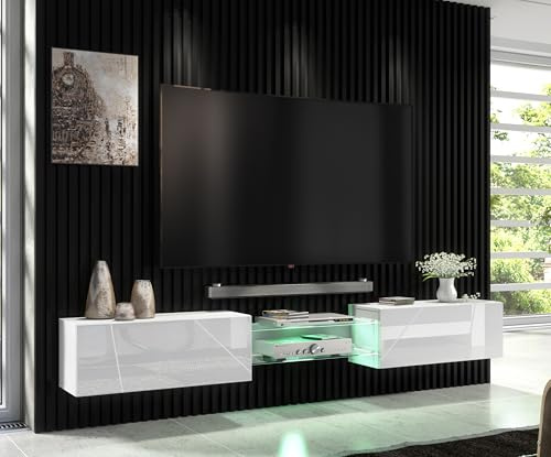 Furneo Art 02 - Weißer schwebender TV-Schrank, 230 cm Wohnwand, modernes Hochglanz- & Matt-Finish, RGB-LED-Leuchten