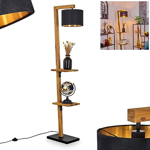 Stehleuchte Baval, moderne Stehlampe aus Metall/Holz/Stoff in Schwarz/Natur/Goldfarben, Standlampe m. verstellbarem Schirm, Fußschalter am Kabel, Ablageflächen, Höhe 164 cm, 1x E27, ohne Leuchtmittel