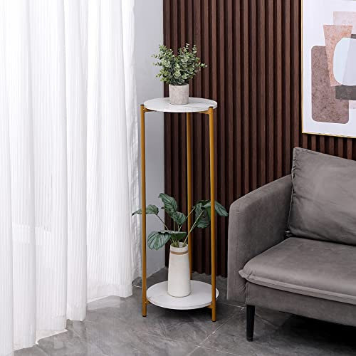 2 Tier Tall Plant Stand Round Pot Holder Indoor for Balcony Living Room Decoration, Floor Freestanding Flower Display Stand Rack Wood Marble Effect Top with Metal Frame (White Marble)