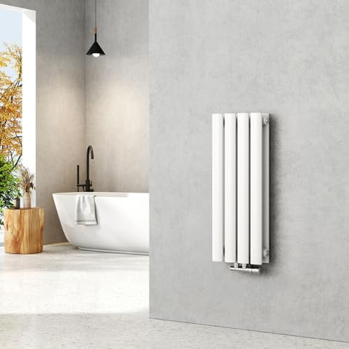 EMKE Radiatore piccolo 600 x 240 mm, ovale a pannello, attacco centrale, verticale, design radiatore tubolare, doppio strato, bianco, 248 Watt