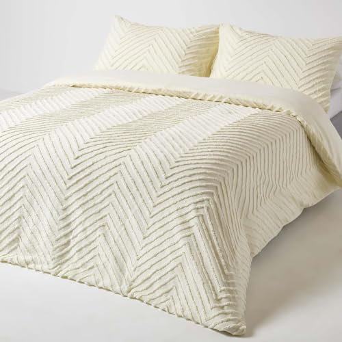 Homescapes Perkal-Bettwäsche 135x200 cm, Tufting Bettwäsche Off White, Boho Bettwäsche mit Chevron-Muster