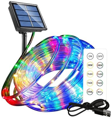 HandyLUX Lumisnake USB - Solar LED Lichterkette - 15m LED Streifen mit Fernbedienung & Erdspieß - Solarbetrieben oder via USB-Kabel - Energiesparendes LED Band - 8 Leuchteinstellungen - Innen & Außen