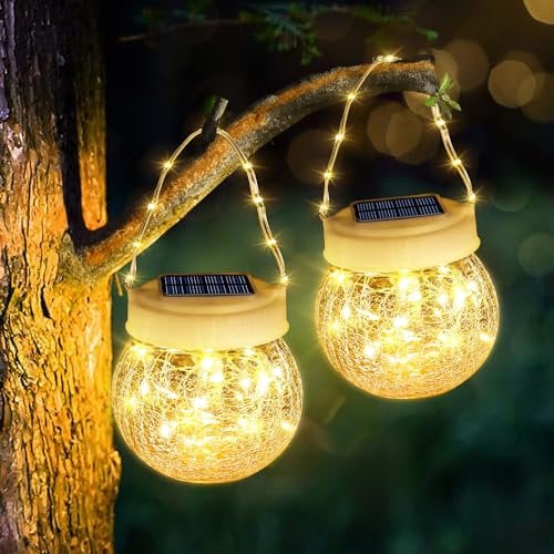 PhilzOps Lanterne Solaire Exterieur Jardin, 2 Paquets 40 LED Lampe Solaire Suspendre IP65 Étanche Lumière Solaire Verre Décoration pour Terrasse Balcon Cour Table Fête Camping, Blanc Chaud