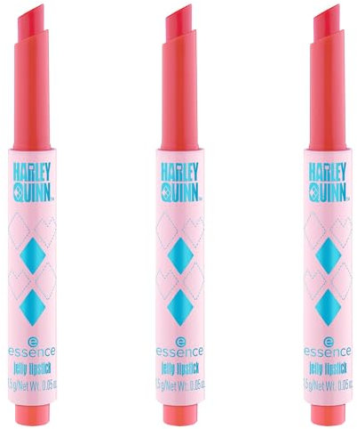 essence Harley Quinn jelly lip stick, Nr. 02, Orange, sofortiges Ergebnis, natürlich, glänzend, strahlend frisch, vegan, ölfrei, ohne Parabene, ohne Mikroplastikpartikel, 3er Pack (3x1.5g)