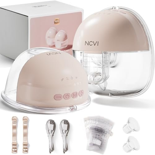 NCVI Electric Breast Pump, Wearable Hands Free Breast Pump, 4 Modes & 9 Levels, Portable Milk Pump, Low Noise, 21/24mm Flange & 10 Breastmilk Bags Included (2 Packs, Pink)