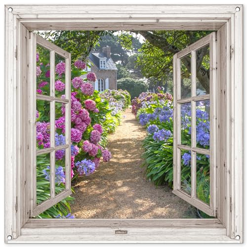MuchoWow© Gartenposter Groß 100x100 cm XXL Outdoor Bilder Gartendeko für draußen Wetterfest Sichtschutz Garten Deko PVC Banner Draußen Bild Hortensie - Fensterblick - Blumen - Sommer - Lila - Weg