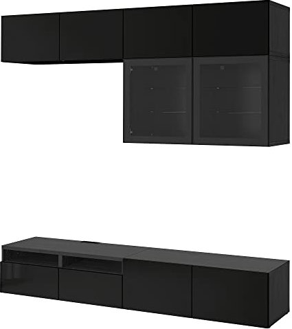 BESTÅ TV-Aufbewahrungskombination/Glastüren, 240x42x231 cm, schwarz-braun/Selsviken hochglänzend/schwarzes Klarglas