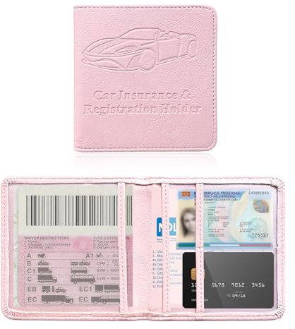 Ziciner Porte-carte grise et assurance automobile, 13 x 13 cm, organiseur de boîte à gants avec fermeture magnétique, accessoires universels d'intérieur de voiture pour SUV, camions (rose)