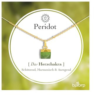 Bixorp Peridot Chakra Halskette – Handgefertigter Peridot Anhänger – Vergoldete Edelstahlkette auf Geschenkkarte mit Geschenkumschlag – (36 cm + 8 cm verstellbar)