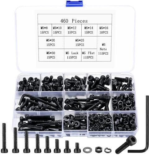 460 Pz M5 Set di, Viti Bulloni a Testa Esagonale, Dadi con Rondella, Viti e Bulloni e Dadi Esagonali Set, Esagonale Nero, Assortimento a Testa Brugola