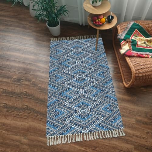 Tomifine Tappeto con Nappe Tessuto Tappeti Strisce Rettangolare Bohémien Lavabile per Soggiorno, Camera da letto (50x80 cm,Blu Scuro)