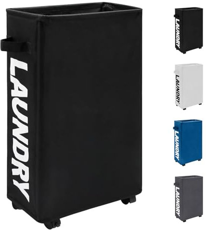 Trimming Shop Slim Laundry Basket with Wheels 38L Collapsible Rolling Laundry Hamper with Side Handles Space-Saving Tall & Thin Foldable Storage Bins for Corner 40x18x53cm (Black)