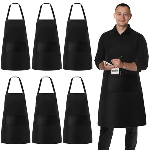 Vegena 6 Stück Schürze Schwarz, Kochschürze Herren Damen, Küchenschürze Herren, Grillschürze mit 2 Taschen, für Kochen, Küche, Gartenarbeit, Restaurant, Kaffeehaus, Malen, Hausarbeit (70x80cm)