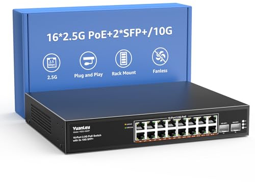 YuanLey Switch PoE 2.5G a 18 Porte Non Gestito, 16 Porte PoE Base-T 2.5G, 2 x 10G SFP+, IEEE802.3af/at, 250W, Compatibile con 100/1000/2500Mbps, Montaggio su Desktop/Rack Switch di Rete 2.5Gbe