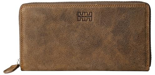 Elbleder Reißverschluss Geldbörse Damen Leder Vintage Braun RFID-Schutz mit Münzfach - Echtleder Portemonnaie lang groß viele Fächer - Business Geldbeutel für 13 Karten - Polo 123 VBR