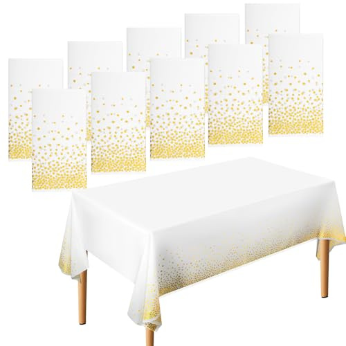 ausurme 10 Pack Disposable Tablecloths 137 x 274 cm Gold White | Dot Table Cloth Plastic Table Cover Waterproof Party Tablecloths Rectangle Table Cover, for Parties Wedding Birthdays