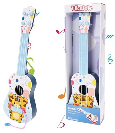 Gitarre für Kinder, 41cm Mini Gitarre Ukulele Musikspielzeug mit 4 Stimmbare Saiten, Gitarre Instrumente Spielzeug Musik Lernspielzeug Für Kleinkinder Anfänger Jungen Mädchen Geschenk (Blau Tiger)