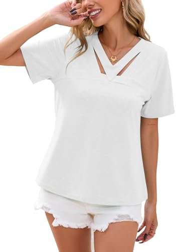 Famulily V Neck Summer Basic T-Shirt for Women Short Sleeve Lightweight Tunic Tops for Ladies (XL, White)