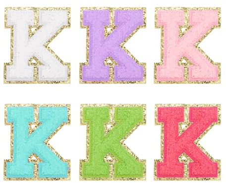 QUARKZMAN 6 Stück Buchstaben zum Aufbügeln,Selbstklebende Chenille-Buchstaben k mit Glitzer-Goldrand,gestickter Patch zum Aufbügeln für Kleidung, Tasche, Laptop, Handyhülle