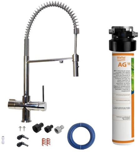 BieTal® Trinkwasserfilter mit Aktivkohle für sauberes & frisches Wasser 3-Wege Wasserhahn Chrom glänzend poliert mit Brause für dein Zuhause Praxis Büro Wohnmobil Aktivkohlefilter Wasserfiltersystem