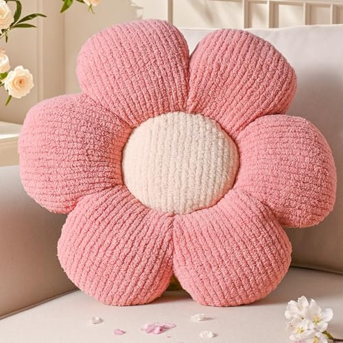 Yhoelata Blumenkissen, Rosa Blumengestalt Zierkissen, Plüsch Bodenkissen für Sofa & Bett Kinderzimmer, Mädchen Dekoratives Gänseblümchen Design Wohnkissen 50cm