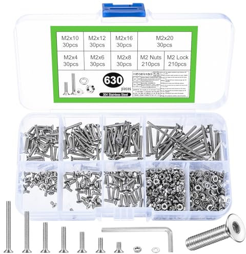 630 PcsVis M2, Boulons et Écrous Set, Vis à Tête Fraisée Plate à Six Pans Creux, et Rondelles, Assortiment de Vis à Tête Cylindrique à Six Pans Creux en Acier Inoxydable et écrous et Rondelles