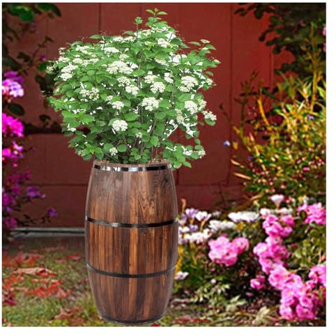 Pflanzenständer, Whiskyfass-Pflanzgefäß, Blumenständer, Vintage-Weinfass, Blumentopf mit Abflussloch, rundes Holzfass-Pflanzgefäß für Pflanzen im Innen- und Außenbereich (braun, 24 x 30 cm)