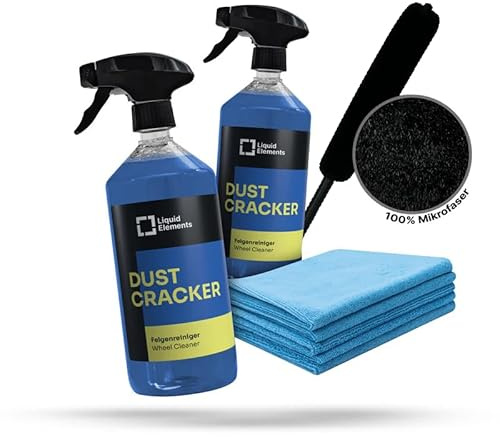 Liquid Elements Dust Cracker Set Advanced XL, 2x1L + Bürste + Tücher | Felgenreinigerspray mit Bürste & 5 Value Tüchern, für alle Felgentypen, säurefrei, effektive Pflege