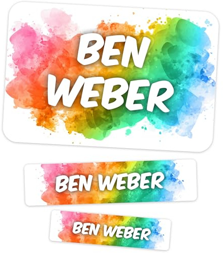 Meinearmbänder Schuletiketten mit Namen – 100er Pack – Farbklecks-Design – Wasserdichte Namensaufkleber zum Beschriften von Heften, Büchern und Schulmaterial