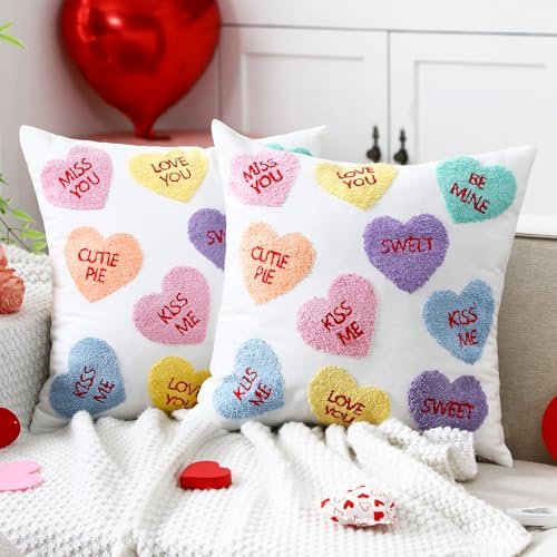 Moukeren 2 Pcs Valentine's Day Throw Pillow Covers 18 x 18 Inch Conversation Heart Embroidery Cushion Covers Candy Love Heart Valentine Decor for Sofa Bedroom Living Room