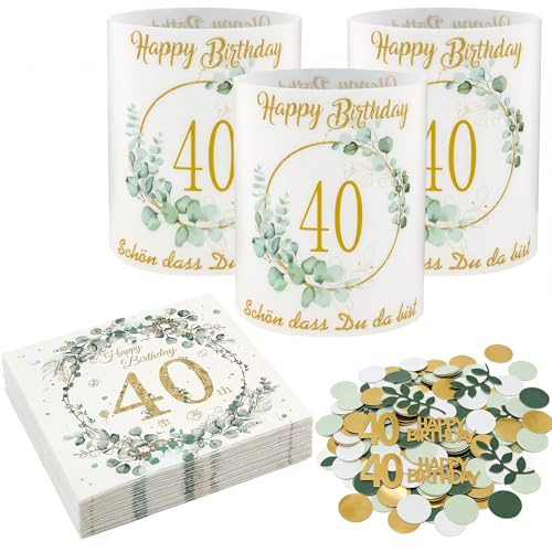 20 Stück Servietten 40 Geburtstag, 12 Stück Windlicht, 100 Stück Konfetti, Deko 40 Geburtstag Frau Mann, Grüne Eukalyptus Tischdeko Set, Happy Birthday Deko für 40 Jahre Erwachsene Party