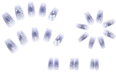faux ongles French à Coller Manucure Court Amande 24pcs Femmes et Filles 3D bleu Papillons fleur press on nails Naturel Plein Couverture Nail Art Autocollants romantique mariage