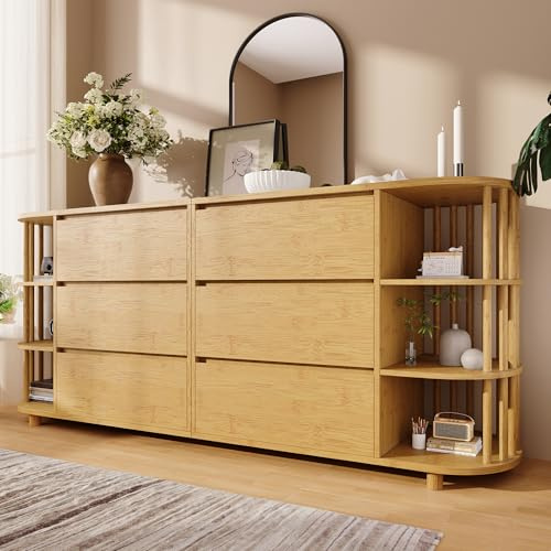 BTM Kommode Sideboard 160 cm Eiche, Römisches Design Säulen Bambus-Regalen, 6 Schubladen offene Regale Höhenverstellbare Füße, H75/B160/T40 cm