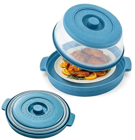 2 in 1 Microwave Cover for Food, Collapsible Microwave Splatter Cover, 10.5 Inch Microwave Plate Cover with Tray, Microwave Food Cover, Plate Covers for Food, Microwave Lid, BPA-Free (Blue)