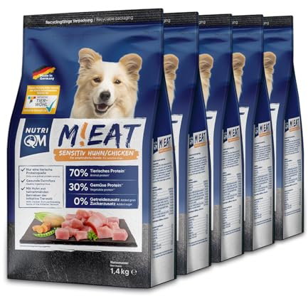 NutriQM® Sensitiv Trockenfutter Getreidefrei | 7 kg (5×1,4kg) | Monoprotein Huhn 70% | Hundefutter Trocken Sensitiv für empfindliche Hunde | Ohne Zusatzstoffe | Mit Lachsöl | Made in Germany