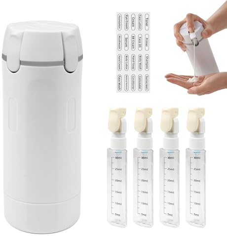 Dispensador de Viaje 4 en 1, 4 Botellas de 30 ml Recargables con Estuche | Antifugas, Botes Viaje para Artículos Aseo, Frascos de Viaje para Champú, Gel, Acondicionador y Cosméticos con Etiquetas
