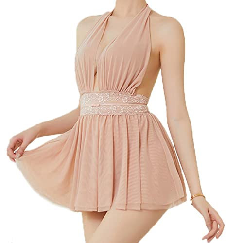 TBSCWYF Babydoll Donna Lingerie Camicia da Intima Notte Intima Confortevole Pizzo Pigiama con Scollo a V Profondo e Spalline Regolabili Grande (Rosa)
