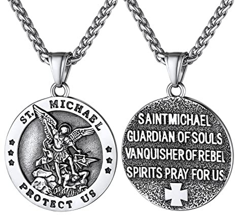 Bandmax Schutzpatron Erzengel Michael Anhänger mit Weizenkette 55+5cm Edelstahl St. Michael Runde Medaille Kette Schutzheiligen Modeschmuck Accessoire für Männer
