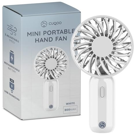 CUQOO Mini Hand Fan - USB Rechargeable Fan with 800mAh Battery & 3 Speeds, Portable Handheld for Travel, Home, Office, School & Everyday Use, Lightweight Compact Mini Fan, White