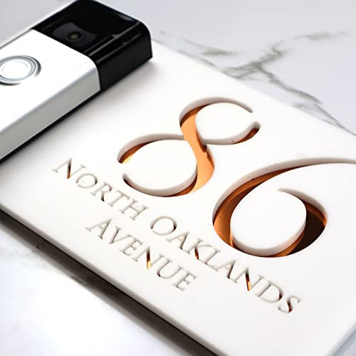 K Smart Sign | Right Text F32 | Bellissima Video Doorbell house sign door number plaques for Nest Ring Wifi doorbell plate mount | Matt White | 300mm x 160mm (Matt White & Copper Mirror)