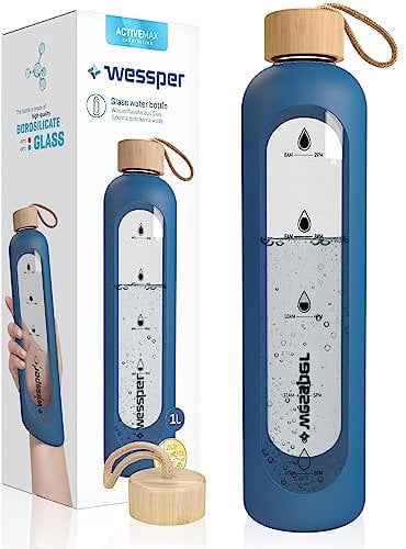 Wessper Bouteille d’eau 1L de Motivation en verre avec temps horaire, Sans BPA, Gourde en verre hermétique 1000 ml avec couvercle en bambou réutilisable avec housse en silicone - Bleu