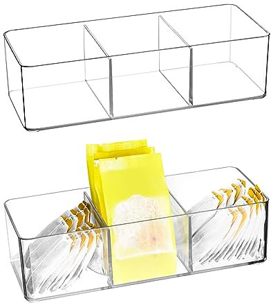 QWORK® 2 Stück Acryl Teebeutel Aufbewahrungsbox Teebeutel Organizer für Teebeutel, Kaffeebeutel, Kaffeepads, Süßstoffe, Zucker und mehr (3 Fächer)
