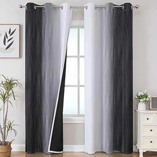 VEHEDE Ombre Schwarz und Weiß Farbverlauf Verdunklungsvorhänge Schlafzimmer Gardinen mit Ösen, Thermovorhang Kälteschutz Blickdichte Vorhänge Wohnzimmer, Thermo Vorhang, H 214 x B 107 cm, 2er Set
