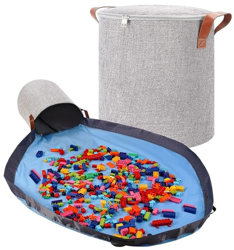 SAM AND MABEL XXL Toy Storage Organizer with Play Mat – 15 x 15 x 16 Storage Bin for Kids Playroom, Foldable Fabric Bag and Basket for Nursery (Gray)