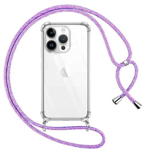 Pnakqil handyband für iPhone 14 Pro Hülle mit Band, Transparent Weich Silikon mit Kordel Necklace Schnur Anti-Fall Bumper Schutzhülle Case Kompatibel mit iPhone 14Pro 6.1, Lila