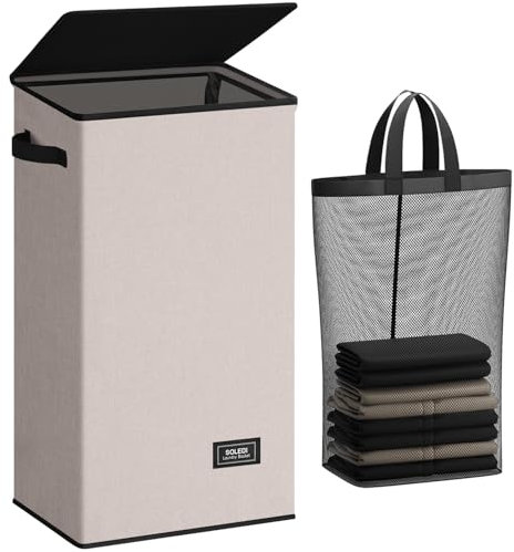 SOLEDI 100L Wäschekorb, Wäschesammler mit Deckel und Wäschesack - Wäschesortierer Groß Für Badezimmer, Schlafzimmer, Wäschekammer, Kinderzimmer