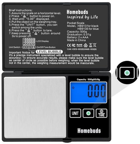 Homebuds 500g Feinwaage, hohe Präzision in auf 0,01g mit Libelle, zertifiziert von einer professionellen Waage Gramm fabrik seit 2001, Grammwaage für Labor, Küche, Kaffee, Schmuck; 2*AAA, Schwarz